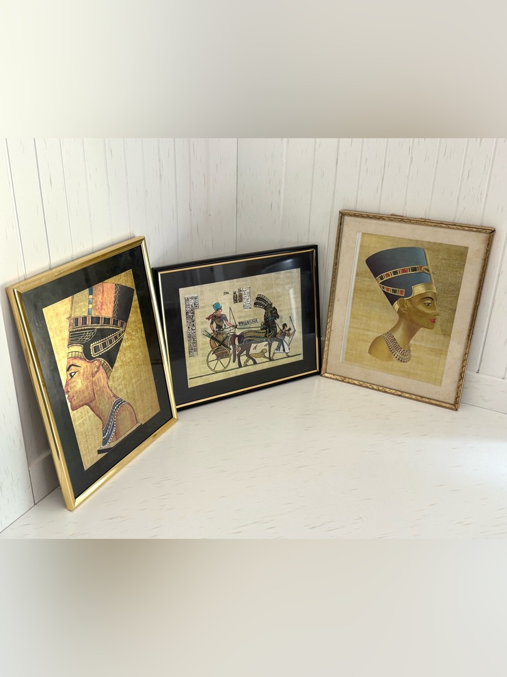 Set of 3, Vintage, Egyptian, Foil, Metallic, Dufex, Framed, Art Prints